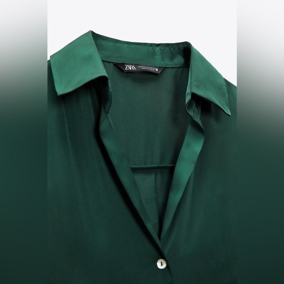 Zara Womens Satin Effect Shirt- Dark Green Button Down Blouse- Size Medium - Picture 8 of 16